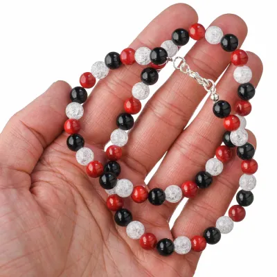 Guličkový náhrdelník - pukaný krištáľ, koral červený, ónyx