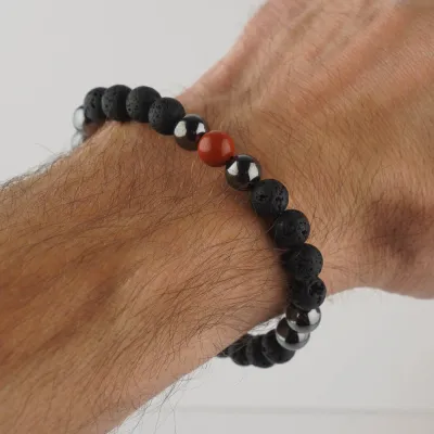 Pánsky náramok - lávový kameň, hematit, jaspis červený